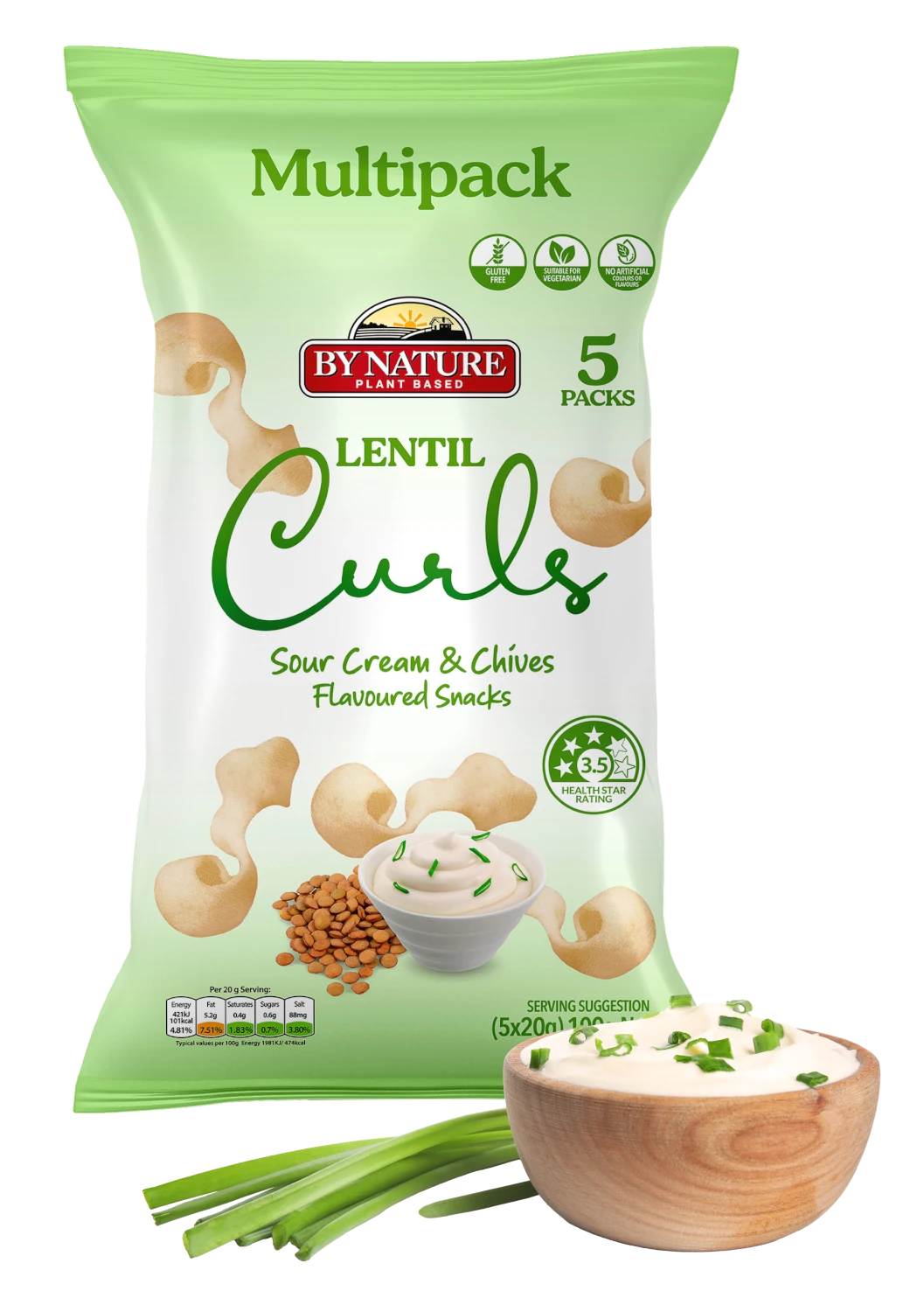 By Nature lentil curls multipack in sour cream and chives flavour, featuring a green pack with the product name and flavour prominently displayed.