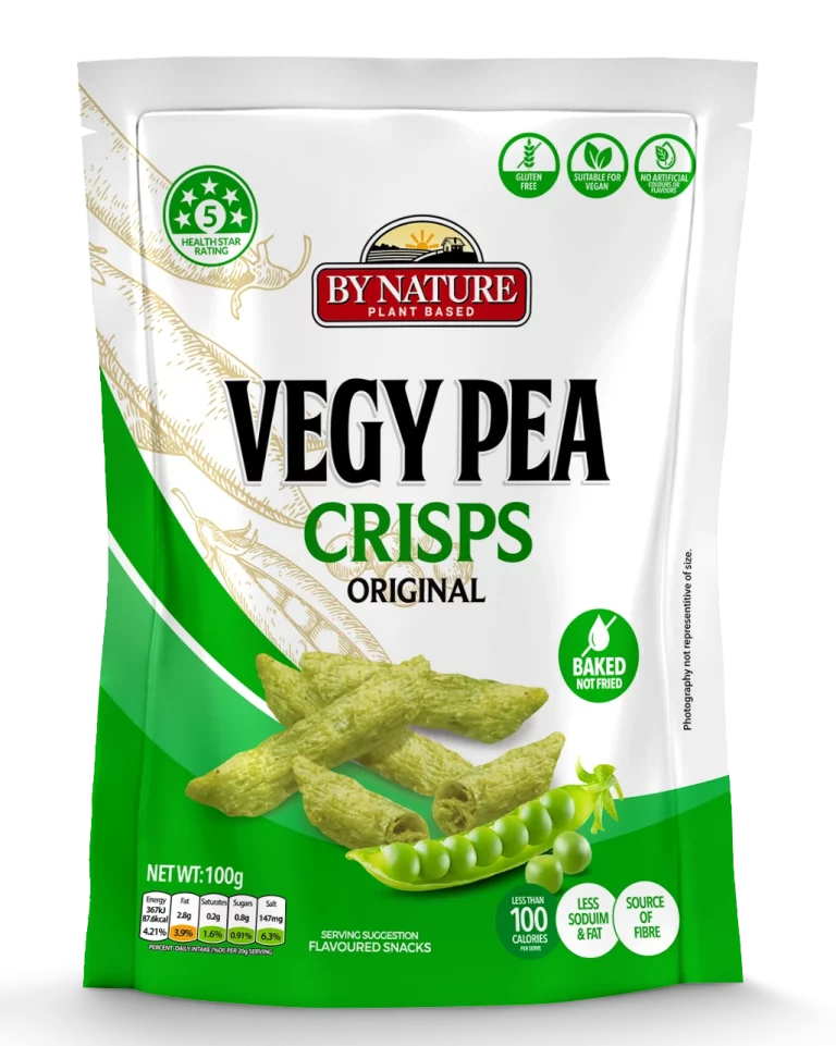 A packet of By Nature Vegy Pea Crisps in original flavour on a white background.