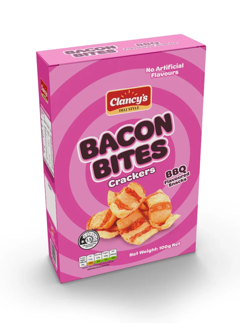 A box of Clancy's Bacon Bites Crackers with BBQ flavour on a white background.