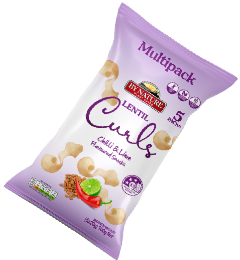 A packet of By Nature Lentil Curls in chilli & lime flavour on a white background.