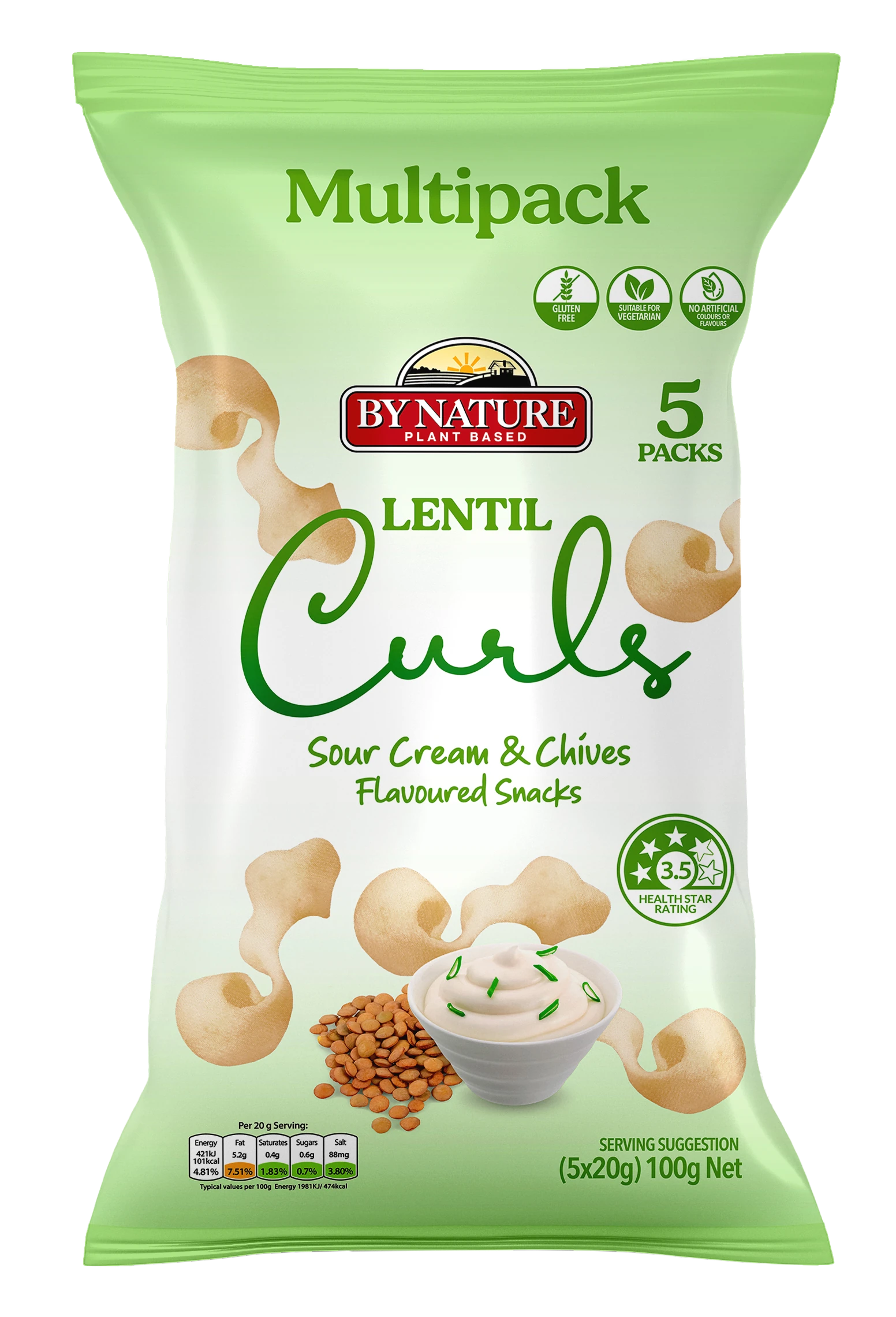 By Nature lentil curls multipack in sour cream and chives flavour, featuring a green pack with the product name and flavour prominently displayed.