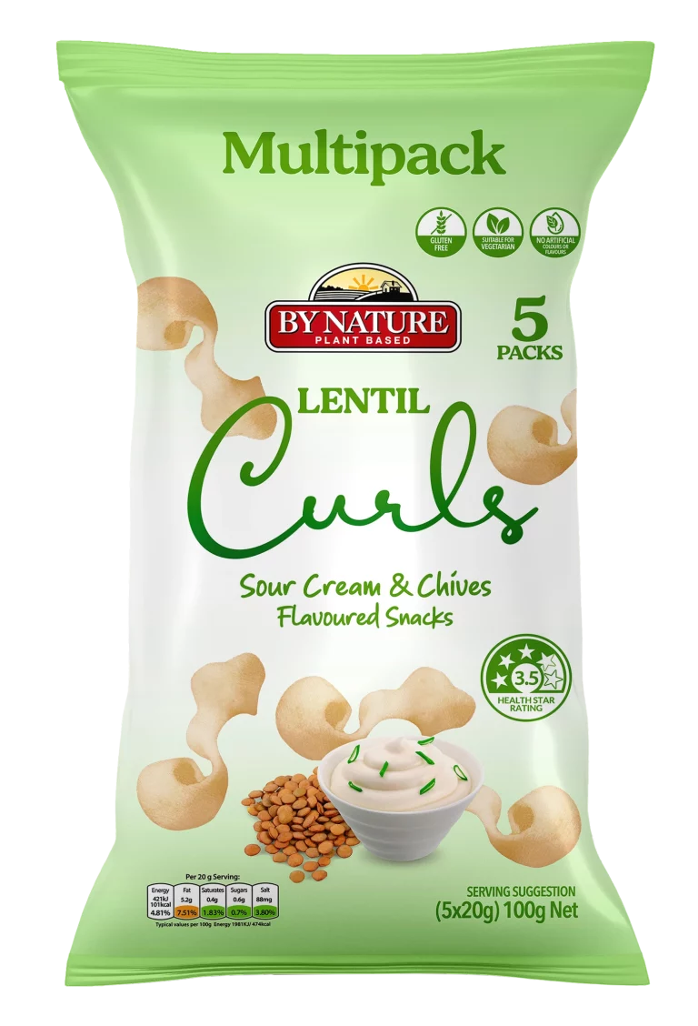 By Nature lentil curls multipack in sour cream and chives flavour, featuring a green pack with the product name and flavour prominently displayed.