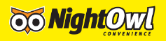 Night Owl Convenience logo with a yellow background, featuring an illustration of an owl's eye and the word 'Night' in black, and 'Owl' in white.