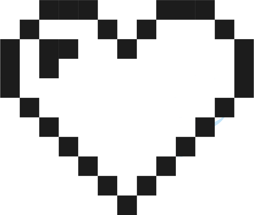 Pixelated heart graphic with a blocky, digital appearance, representing a classic 8-bit design.