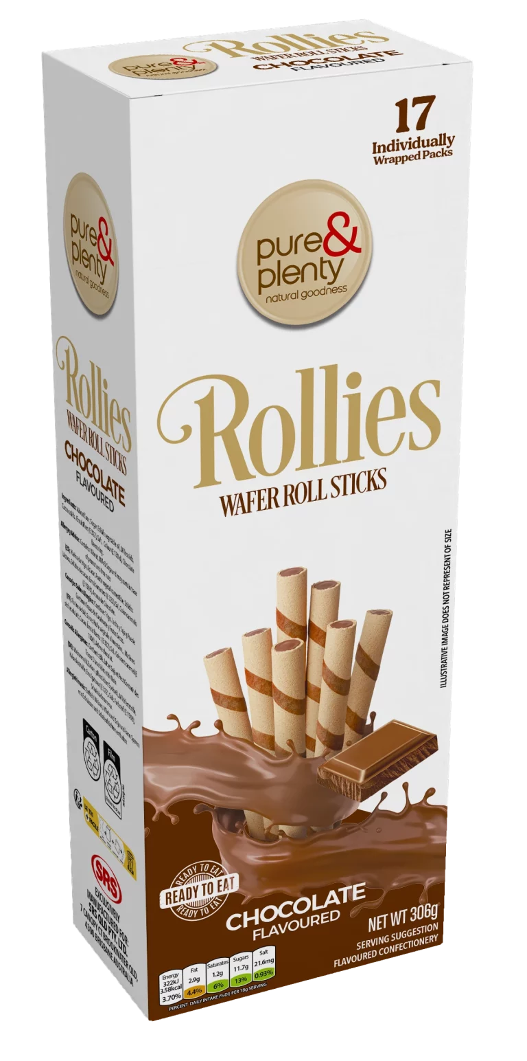 Rectangular box of Rollies chocolate-flavoured wafer roll sticks.