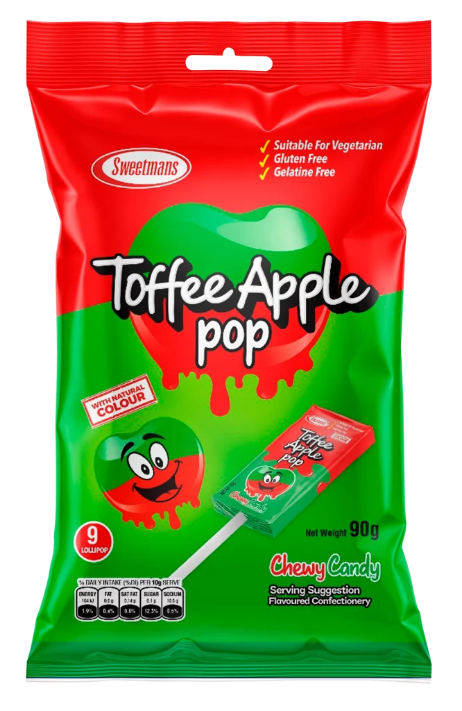 A packet of Sweetmans Toffee Apple Pop lollipops on a white background.