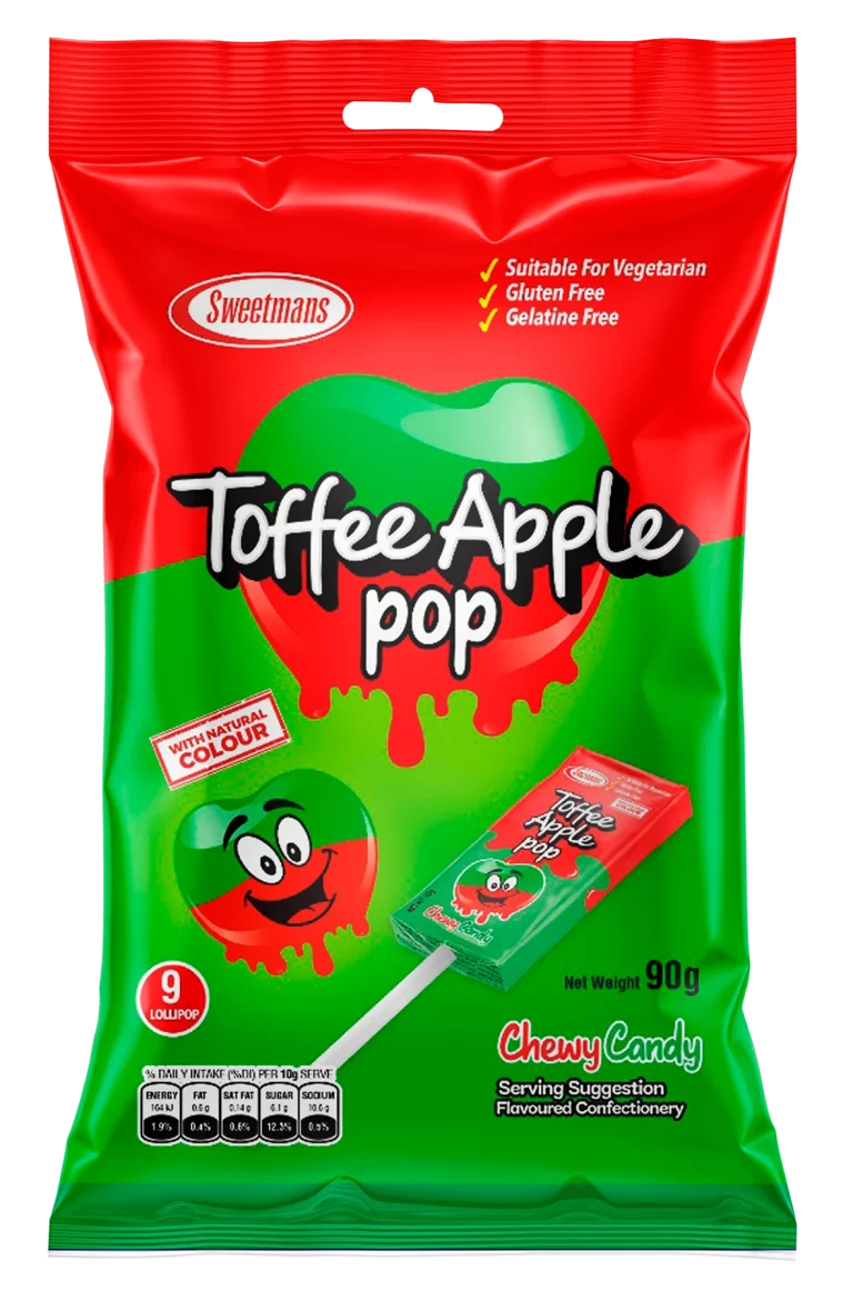 A packet of Sweetmans Toffee Apple Pop lollipops on a white background.