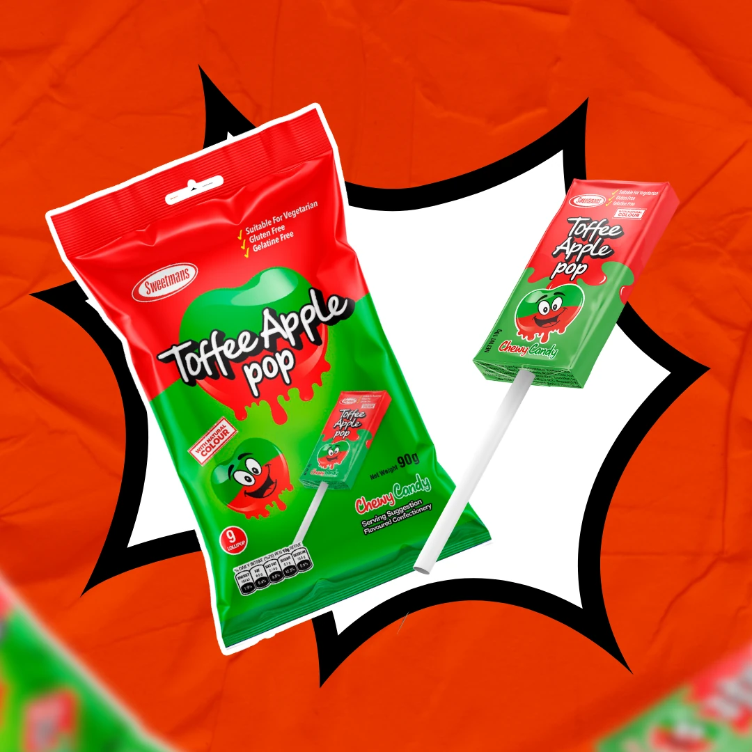 Bright packaging of Sweetsman Toffee Apple Pop, showing a red and green bag with a cartoon apple character and an individual lollipop on a stick, placed against an orange background.