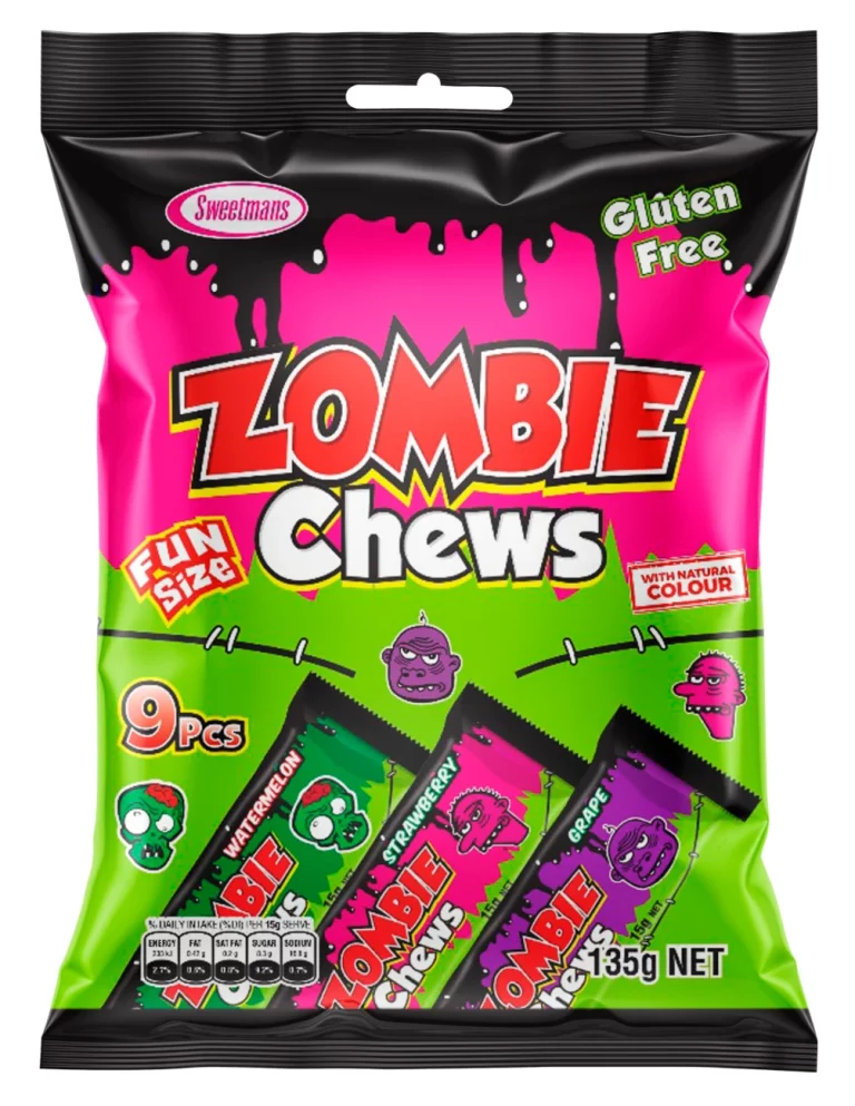 A packet of Zombie Chews candy in fun size with nine pieces on a white background.