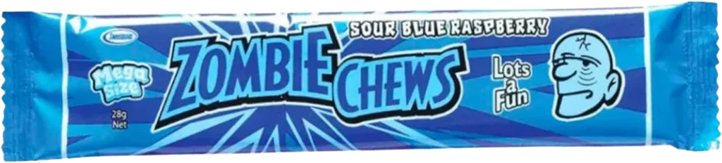 A sour blue raspberry Zombie Chews candy bar on a white background.