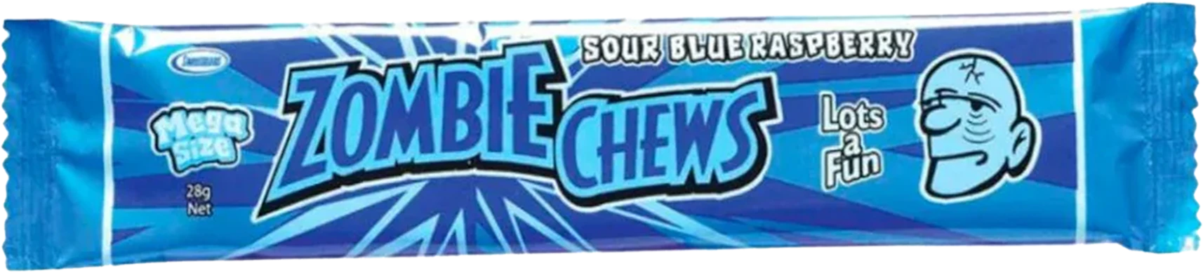 A sour blue raspberry Zombie Chews candy bar on a white background.