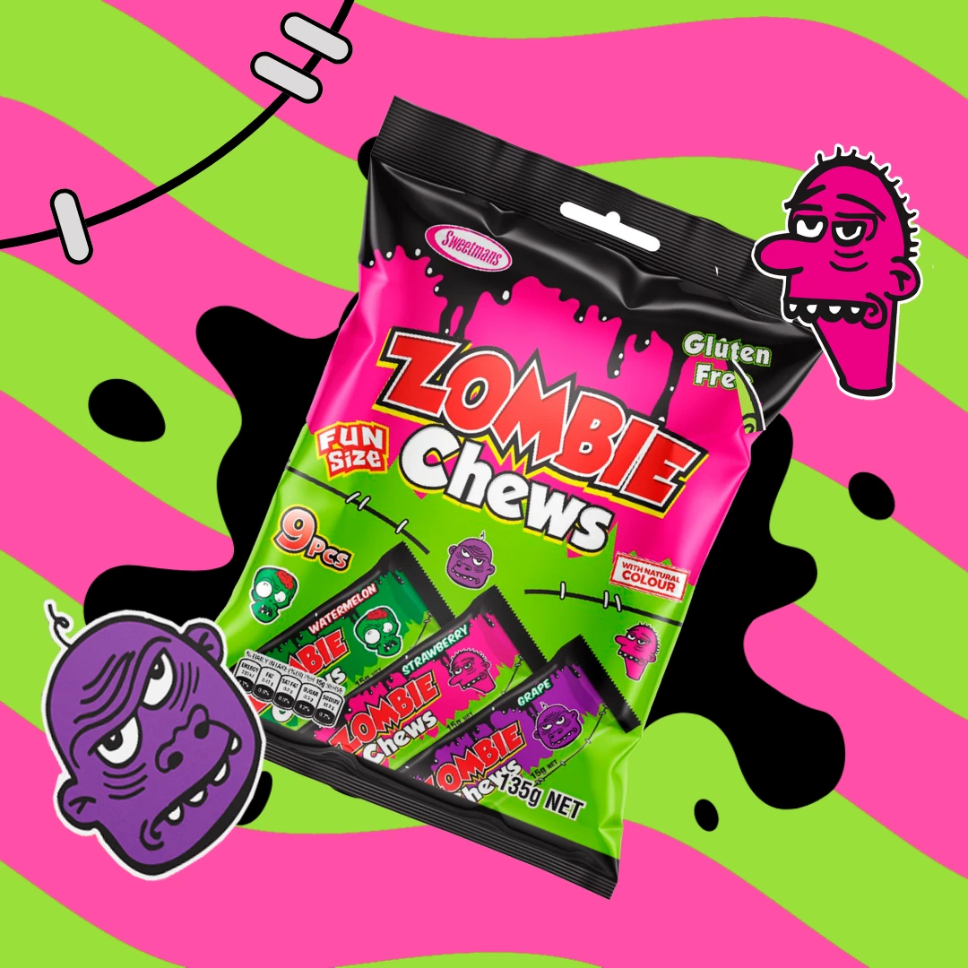 Vibrant packaging of Sweetsman Zombie Chews, featuring fun-size candies with cartoon zombie characters on a bright pink and green striped background.