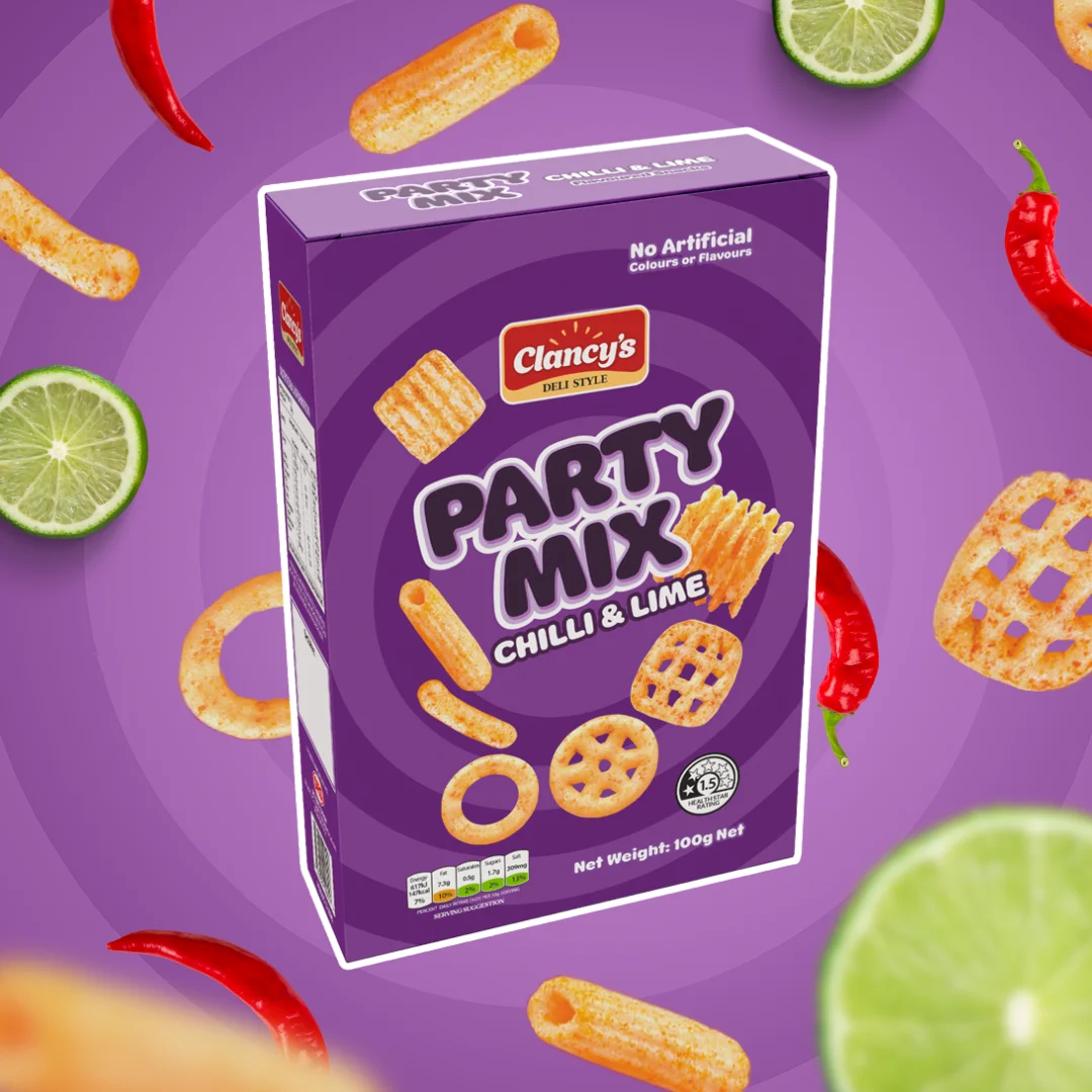 A box of Clancy’s Party Mix (Chilli & Lime flavoured) amidst floating chilli peppers and lime slices on a purple background.