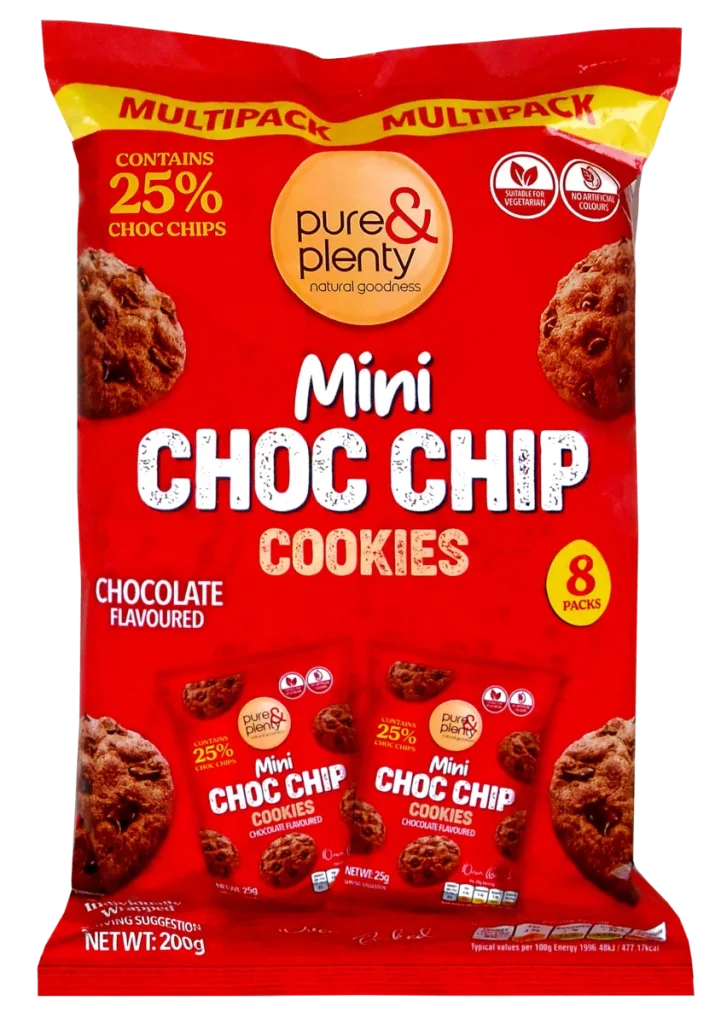 A close-up of a red multipack bag of Pure & Plenty Mini Choc Chip Cookies, featuring 8 packs of chocolate-flavoured cookies.