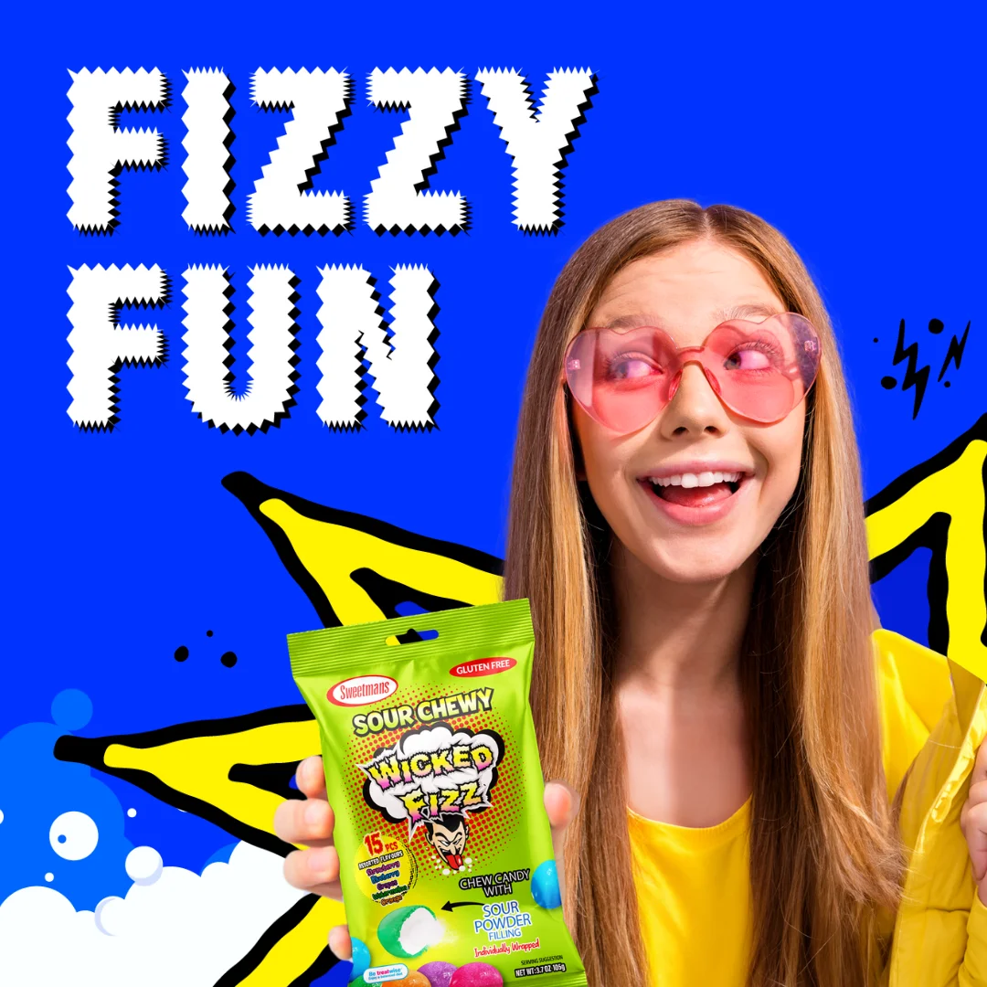 A young woman wearing heart-shaped sunglasses and holding a packet of Wicked Fizz Sour Chewy candy, with the text "Fizzy Fun" in a playful, comic-style font on a blue background.