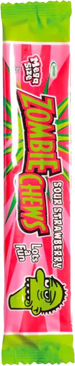 A single Zombie Chews Sour Strawberry flavoured candy in its original wrapper, with a green and pink design and the text "Mega Size".