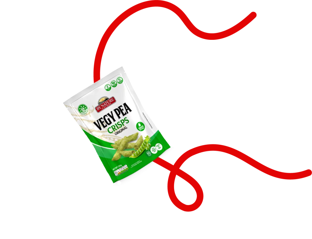 Vegy Pea Crisps bag with a red wavy line extending from the bottom right.