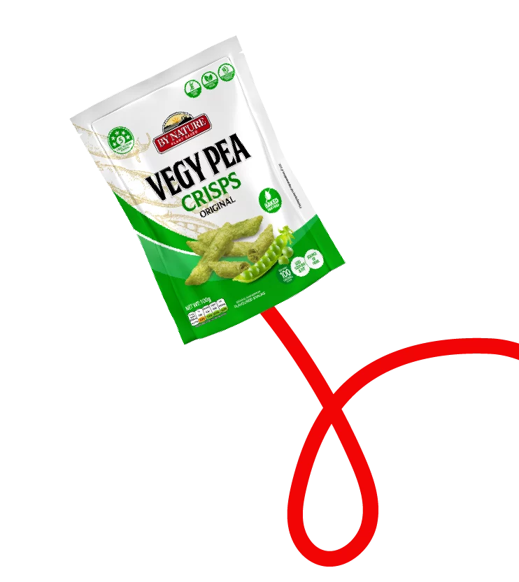 By Nature Vegy Pea Crisps Original flavour bag with a red line swirling towards it on a transparent background.