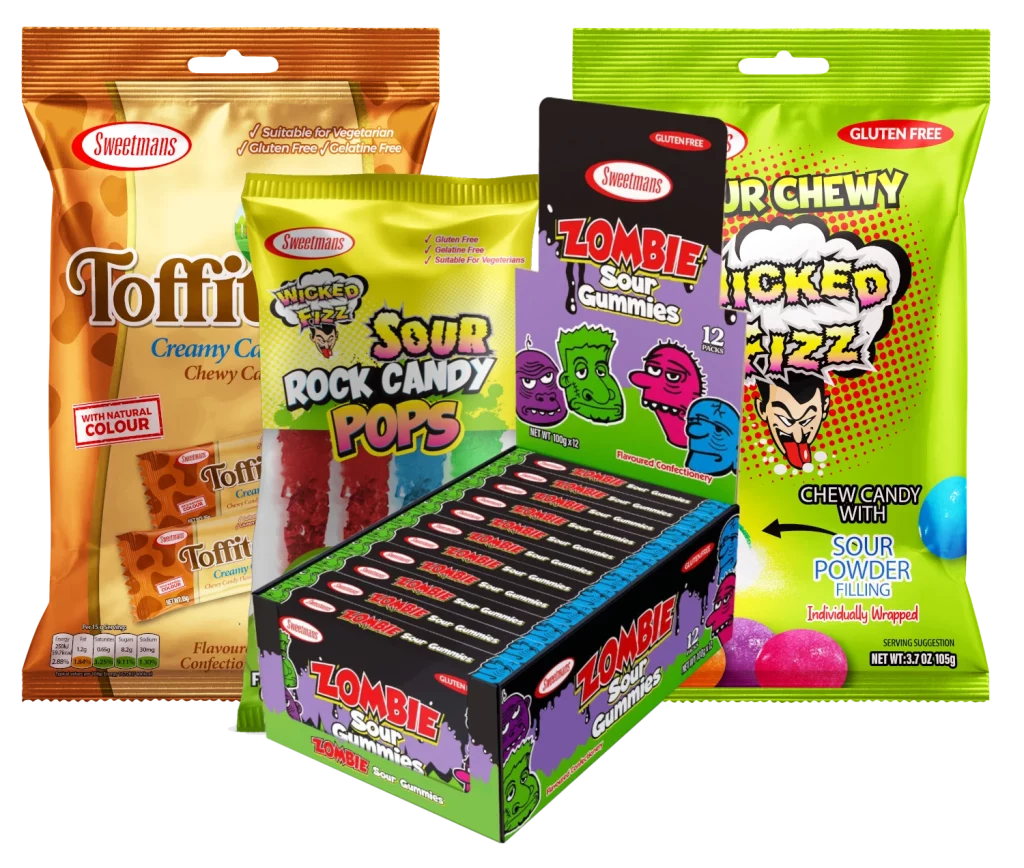 A collection of Sweetmans confectionery products including Toffitella, Sour Rock Candy Pops, Zombie Sour Gummies, and Wicked Fizz, arranged together.