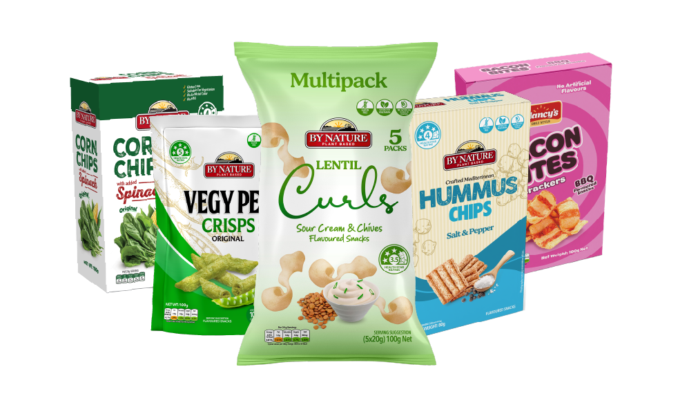 A selection of By Nature and Clancy's snack products, including Lentil Curls, Vegy Pea Crisps, Hummus Chips, Bacon Bites, and Spinach Corn Chips, arranged against a white background.