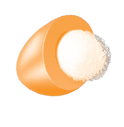 An orange candy piece with a white powdered centre, representing a sweet treat bursting with flavour.