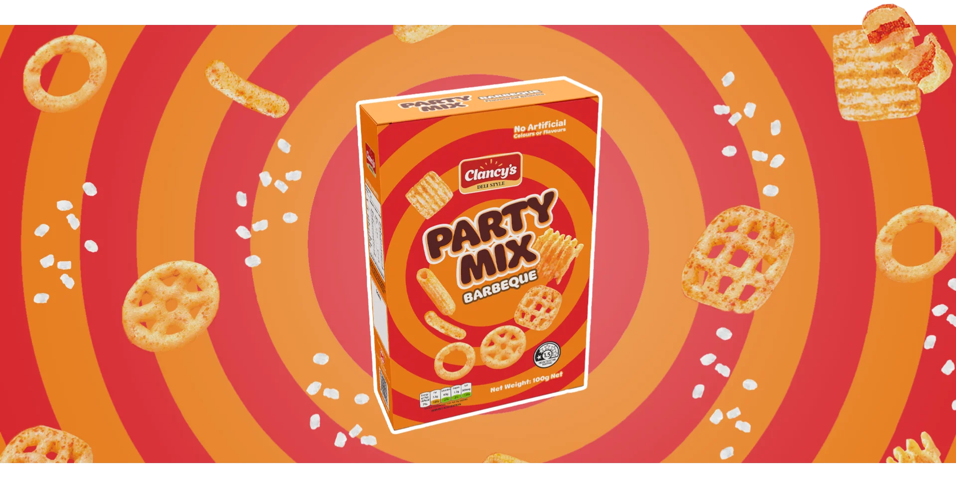 A box of Clancy’s Party Mix (Barbeque flavoured) surrounded by floating snacks and seasoning on an orange background.