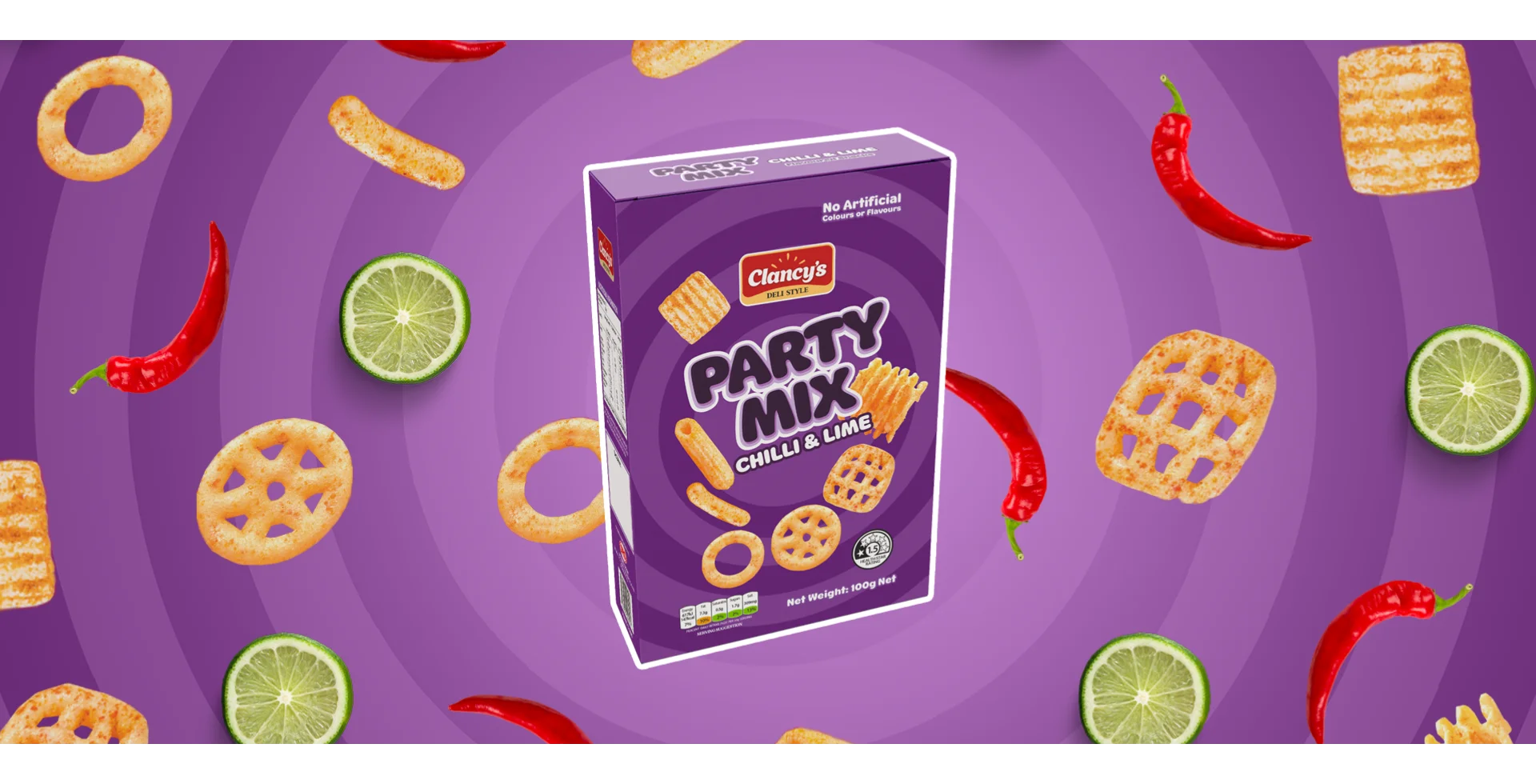 A box of Clancy’s Party Mix (Chilli & Lime flavoured) amidst floating chilli peppers and lime slices on a purple background.