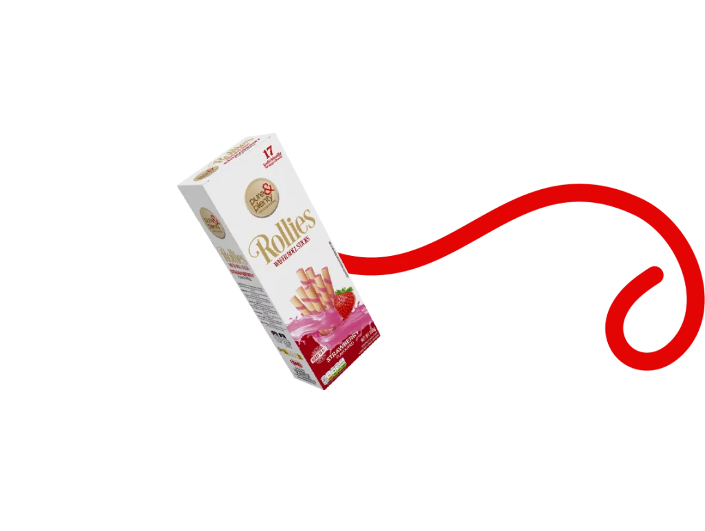 A box of Pure & Plenty Rollies wafer roll sticks in strawberry flavour, accompanied by a whimsical red ribbon curl.