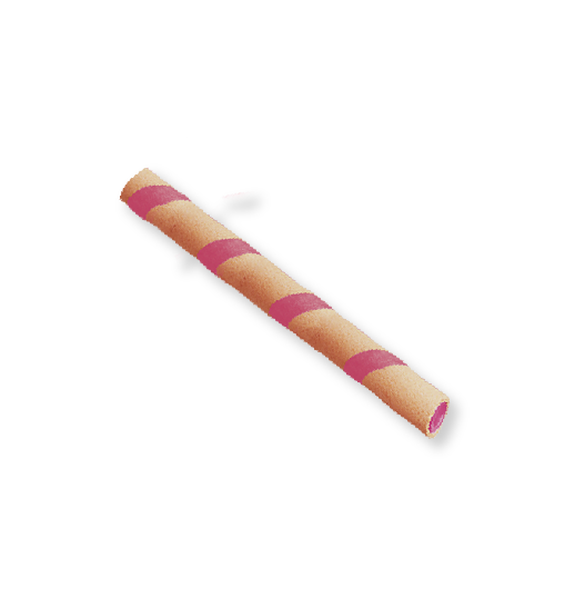 A single strawberry-flavoured wafer stick with pink stripes on a transparent background.