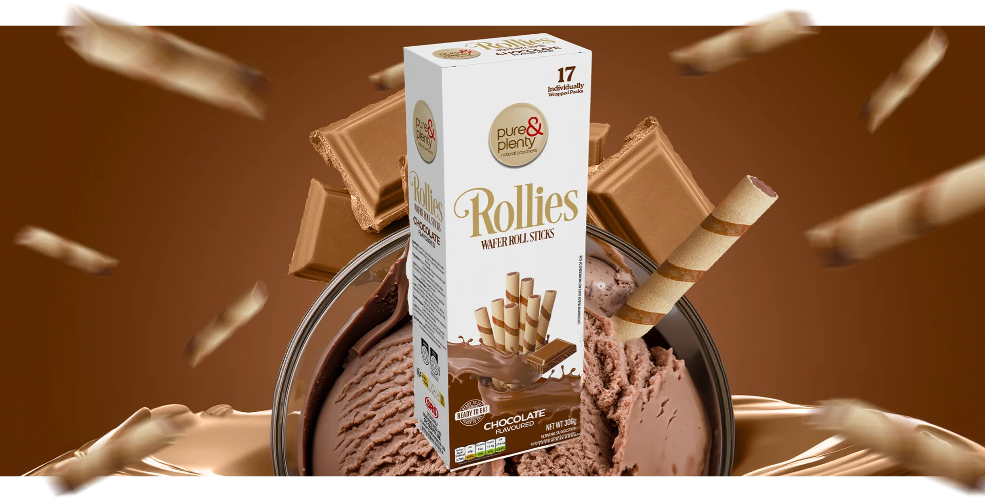 Pure & Plenty Rollies Wafer Roll Sticks Chocolate Flavoured box with chocolate bars and ice cream in the background.