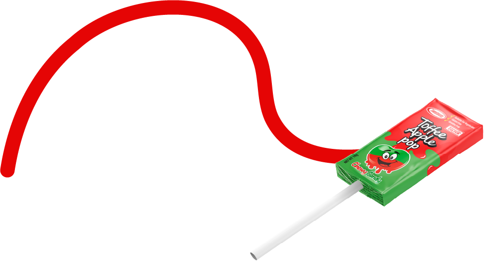 A single Toffee Apple Pop, depicted with a lively red ribbon curling around it.