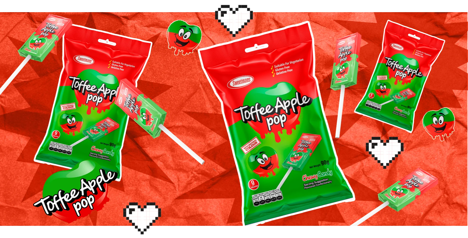 A collage of Toffee Apple Pop packaging and individual lollipops against a red background with pixelated hearts.