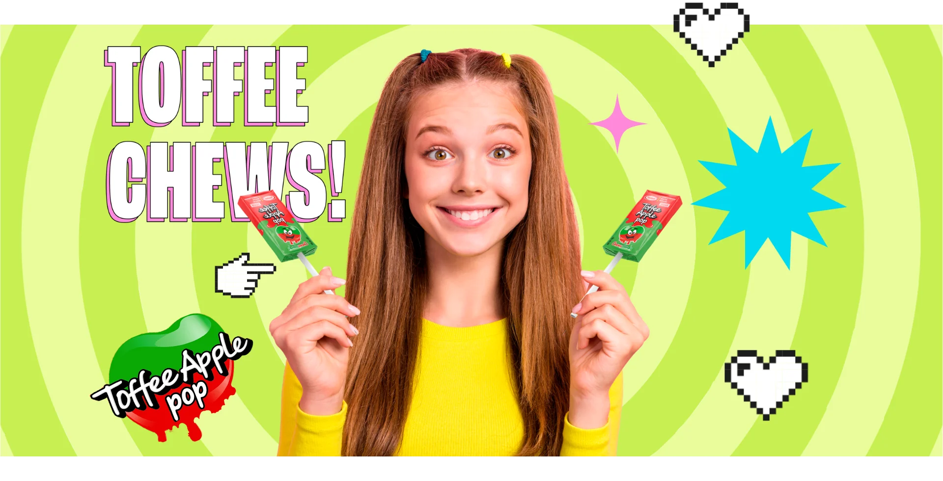 Smiling girl holding two Sweetsman Toffee Apple Pop lollipops with the text "Toffee Chews" on a bright green background.