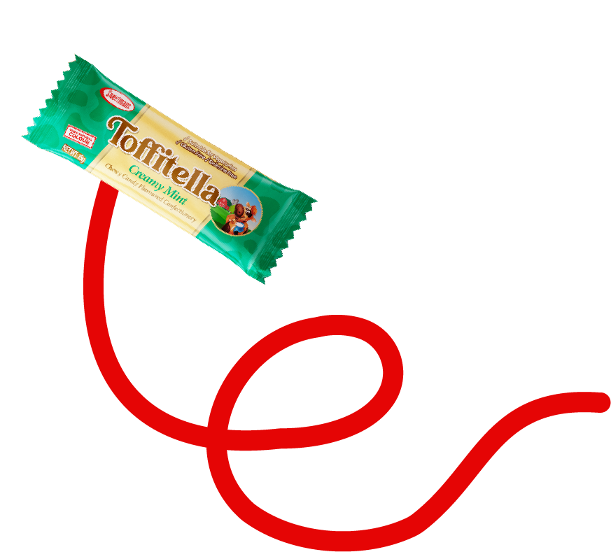 A Toffitella Creamy Mint chewy candy bar, showcased with a vibrant red ribbon curl for an eye-catching presentation.