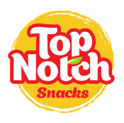 Top Notch Snacks logo in a bright yellow circle with white and red text.