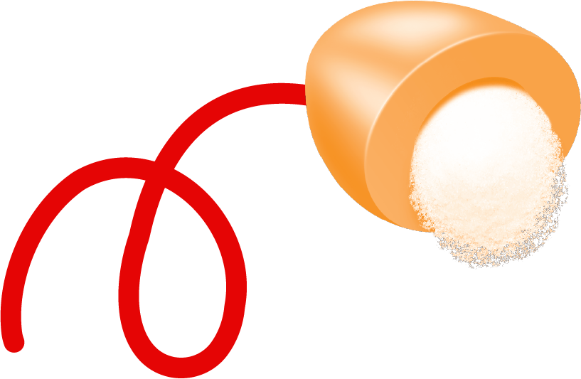 An orange candy with a powdery coating, linked to a red ribbon swirl for a dynamic visual effect.