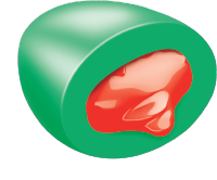 A green candy piece with a juicy red centre is shown, representing a sweet, chewy treat.