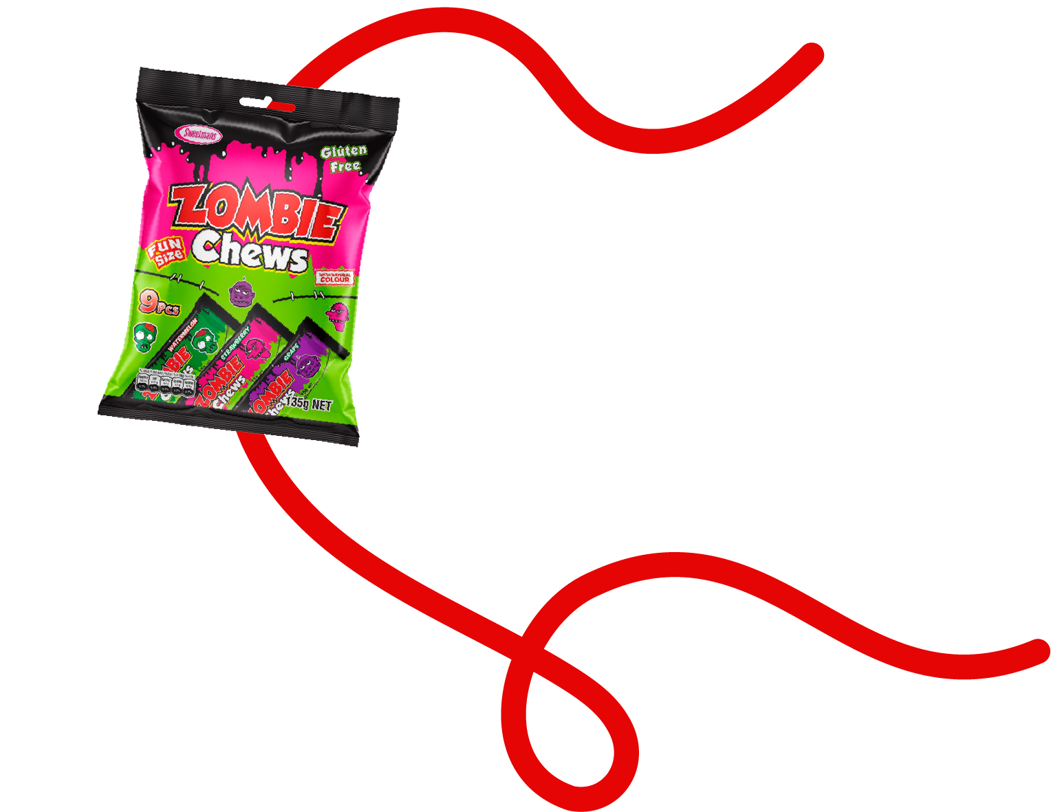 A package of Zombie Chews in a green and pink design, connected to a red swirl.