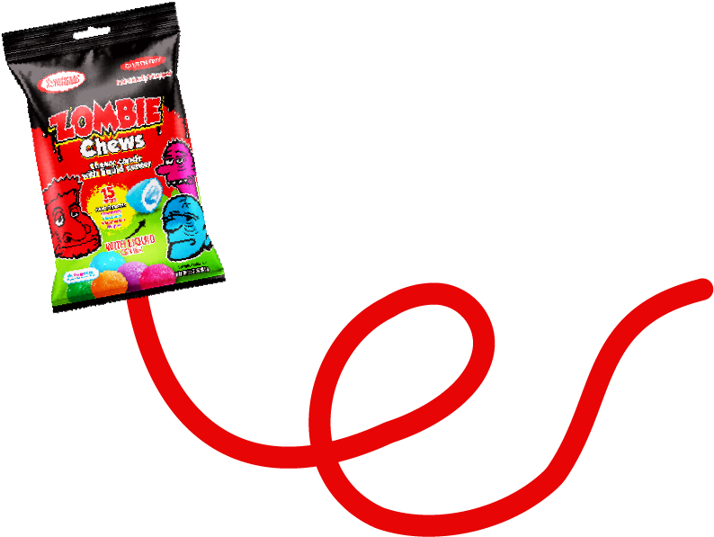 Zombie Chews candy pack connected by a red wavy line.