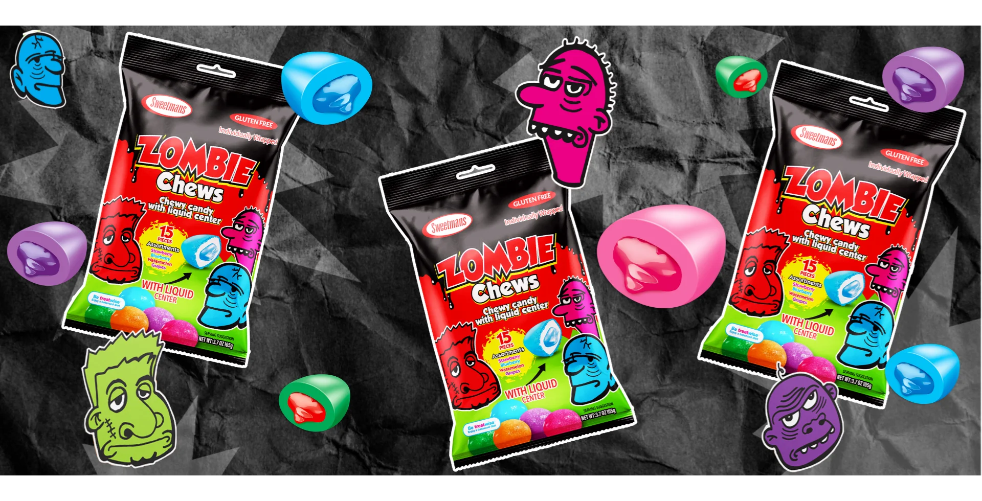 A collage of Zombie Chews packaging with individual chewy candies against a dark, textured background with cartoon zombies.