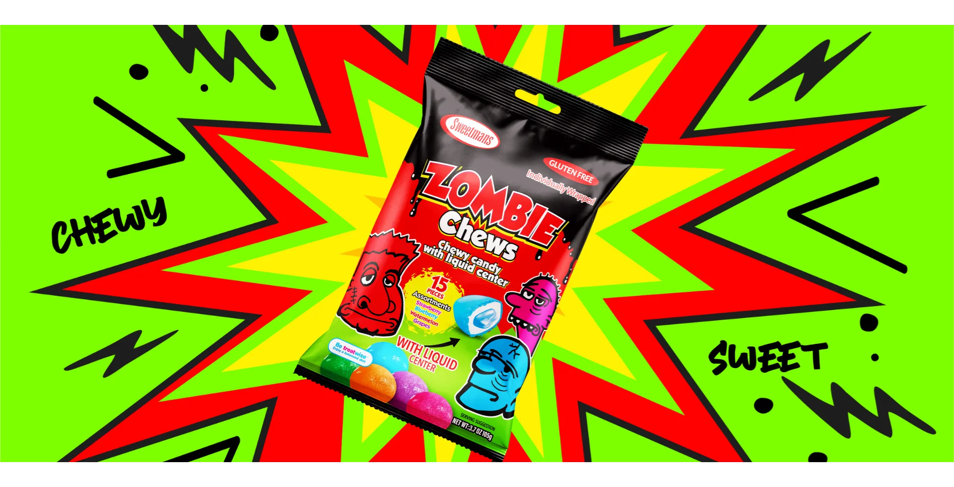 Sweetsman Zombie Chews candy bag on a bright comic-style background with the words "Chewy" and "Sweet."