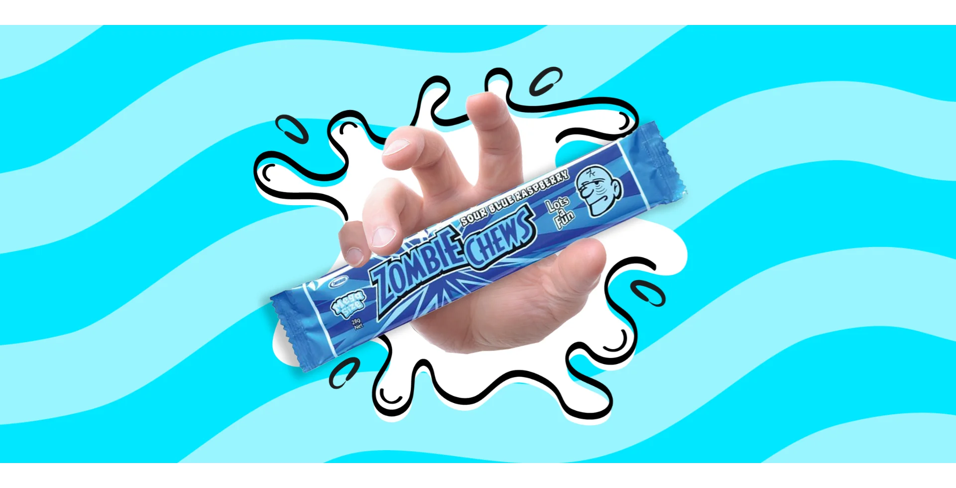 Hand holding a Sweetsman Zombie Chews Sour Blue Raspberry candy bar with a dynamic blue splash background.