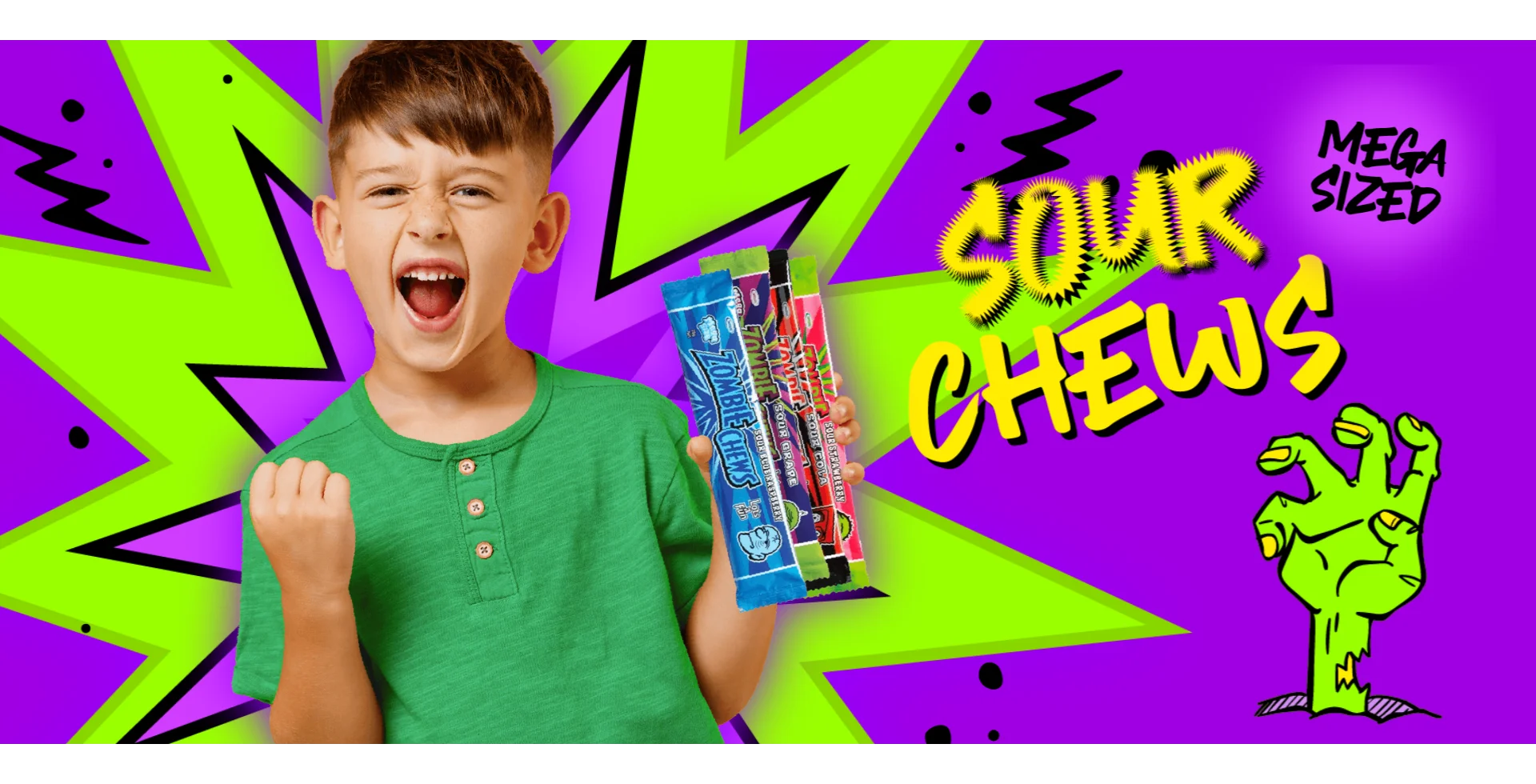 A young boy in a green shirt excitedly holding Zombie Chews with a colourful, comic-style background that says "Sour Chews" and "Mega Sized."